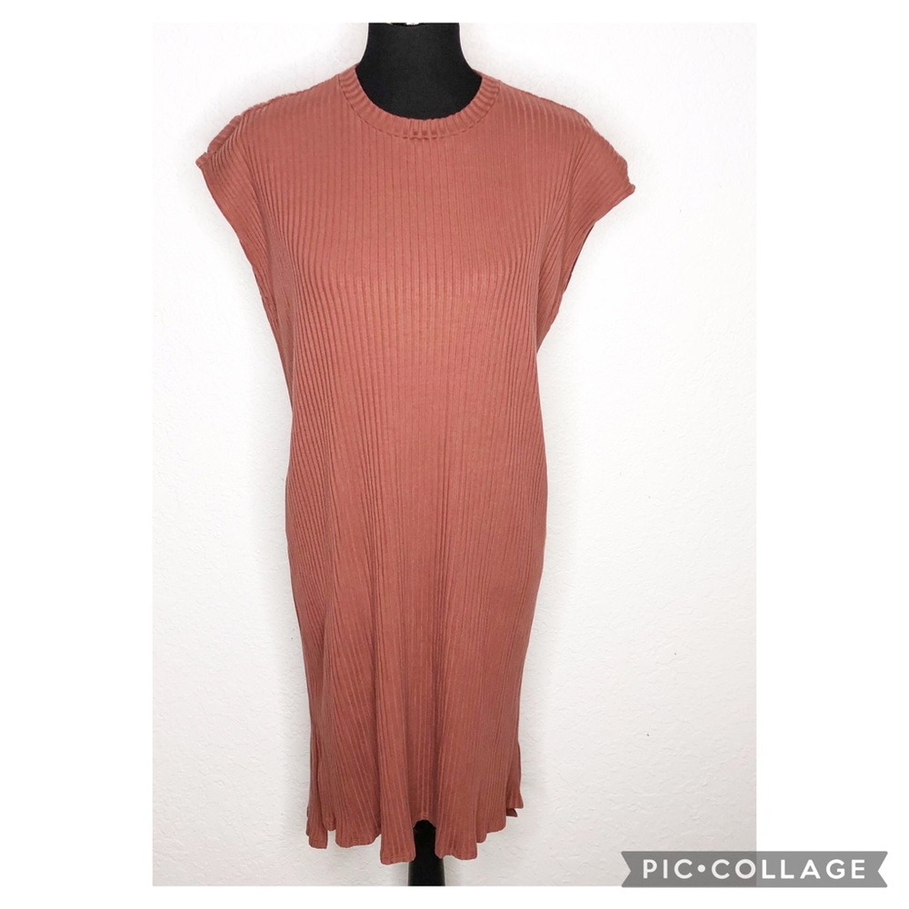 Eileen Fisher clay pink ribbed knit cap sleeve dress size Extra Large XL